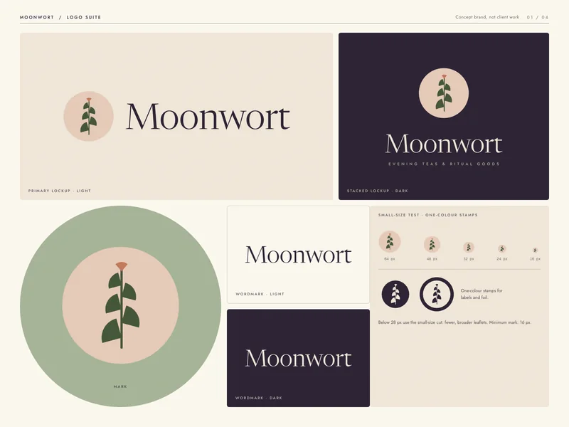 Moonwort Logo board: leaf mark, wordmark and reversed versions