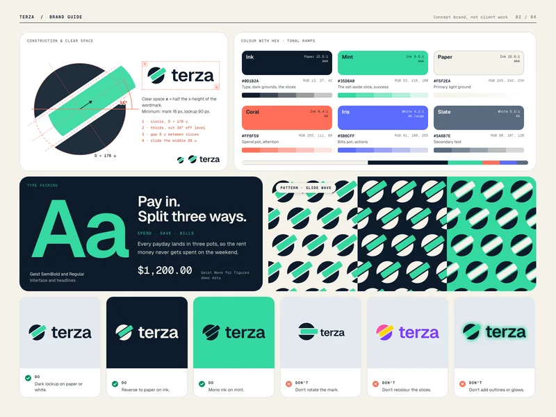 Terza Brand guide: palette, type scale and the split pattern