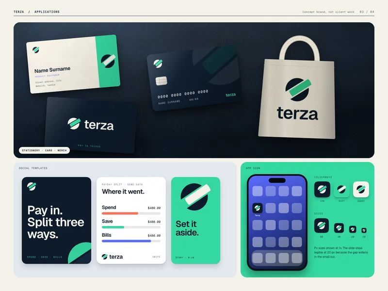 Terza Applications: card, tote, app icon and onboarding