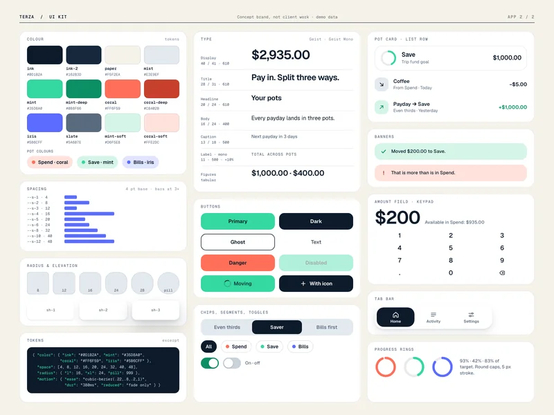 Terza UI kit: buttons, inputs, list rows, charts and states